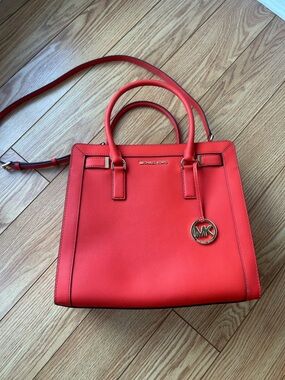 Michael Kors Coral-Red Saffiano Leather Satchel with MK Charm